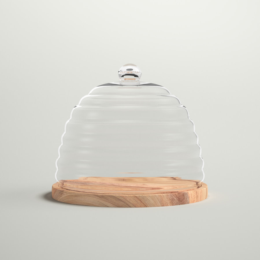Linehan Mango Wood & Glass Rnd.Hive Food Dome/Plate - Clear & Natural