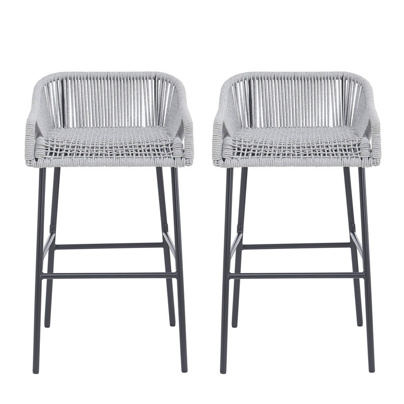 Tabouret de bar d'extérieur en corde gris clair, ensemble de 2, Gris clair