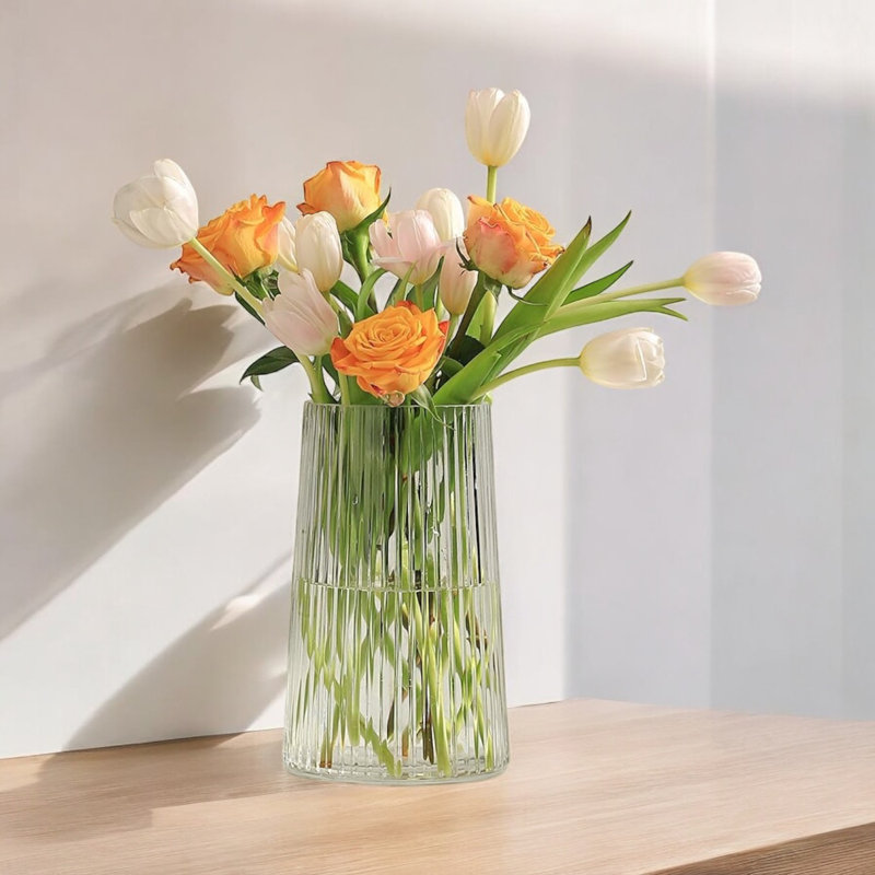 4" W 8" H Clear Ribbed Glass Vase For Flowers, 1