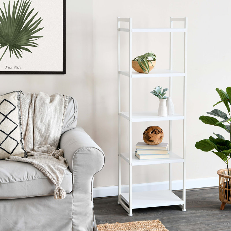 Gateshead Jamestown Narrow 5 Shelf Open Storage Bookshelf Rustic Wood Grain and Metal, Black Oak, 5 shelves