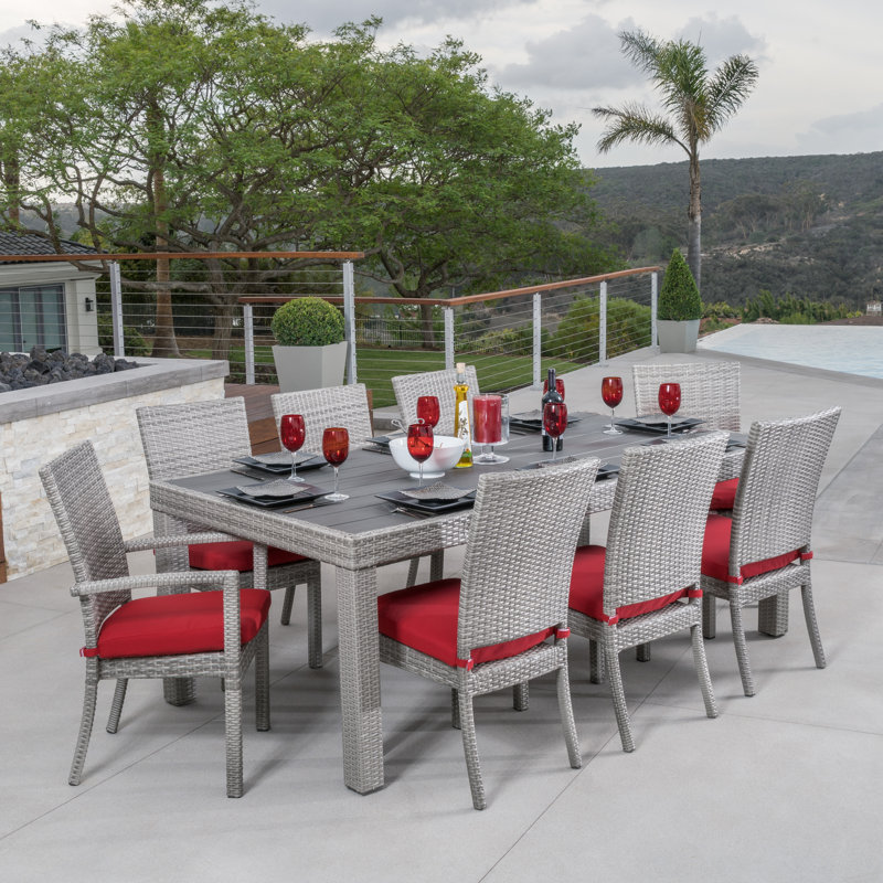 Cannes 9 Piece Dining Set with Cushions, Gray Frame/Red Cushion