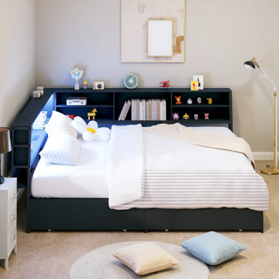 Corner Daybed with Storage Bookcase, Underbed Drawers, LED Lights & Charging Station – Kids Space-Saving Bed Frame