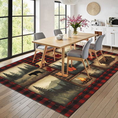 Tapis 9 x 12 pour chambre à coucher, ours, chalet, écossais, maison de campagne, rétro, boisé, boho, tapis lavable pour le salon, tapis, salle à manger, tapis antidérapants à envers en caoutchouc souple pour bureau de chambre de bébé