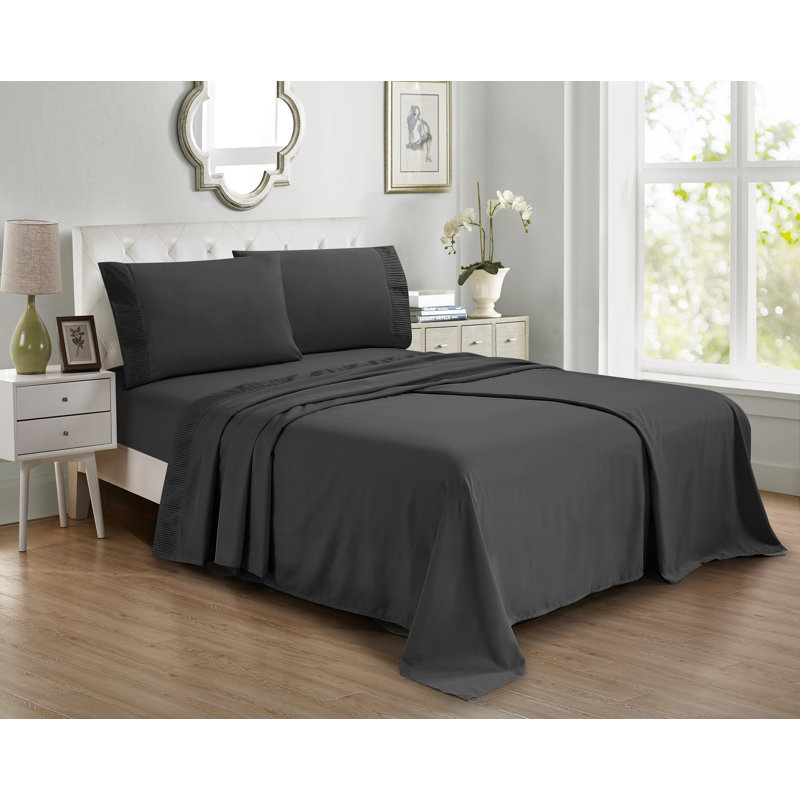 Ensemble de draps 4 pièces avec ourlet plissé, Ensemble de drap pour grand lit avec drap-housse e, Noir