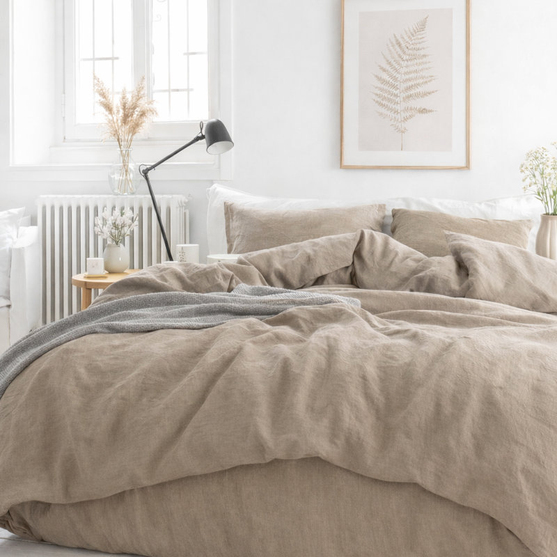 Ensemble de housse de couette 55% lin français 45% coton 3 pièces beige / avoine foncé