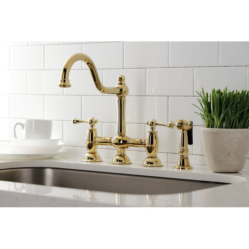 Kingston Brass Restoration Two-Handle 4-Hole Deck Mount Bridge Kitchen Faucet with Brass Side Sprayer, Polished Brass