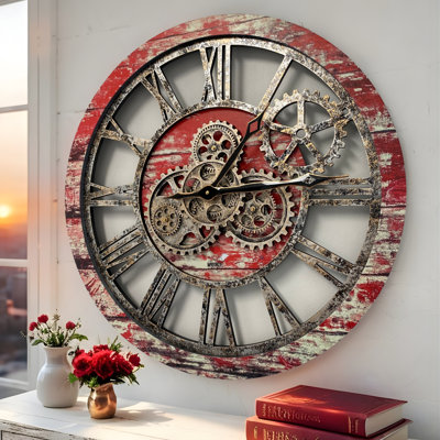 Wall Clock 24" Round Oversized for Living Room decor with Real Moving Gears America Collection