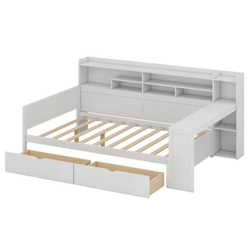 Lit de jour en bois avec tablettes de rangement, lit multifonctionnel avec deux tiroirs de rangement et bureau d'étude