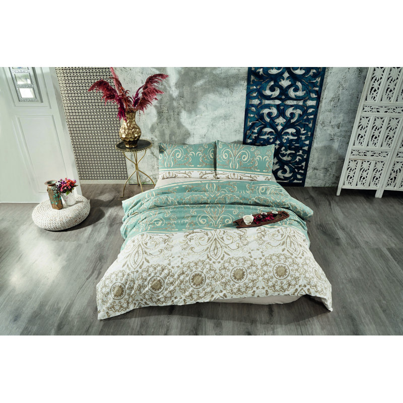 Ensemble de housse de couette 100% coton vert / crème / or Twinspur