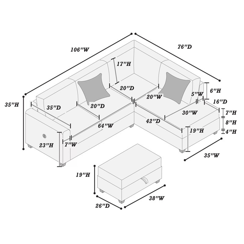 Canapé modulaire 3 pièces Yaman, Velours côtelé brouillard