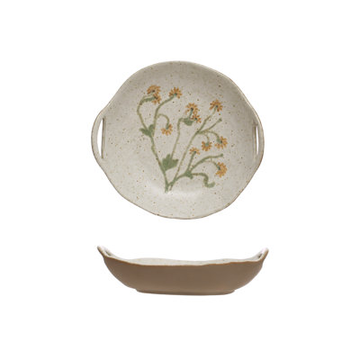Hand‑Painted Stoneware Bowl with Handles & Botanicals