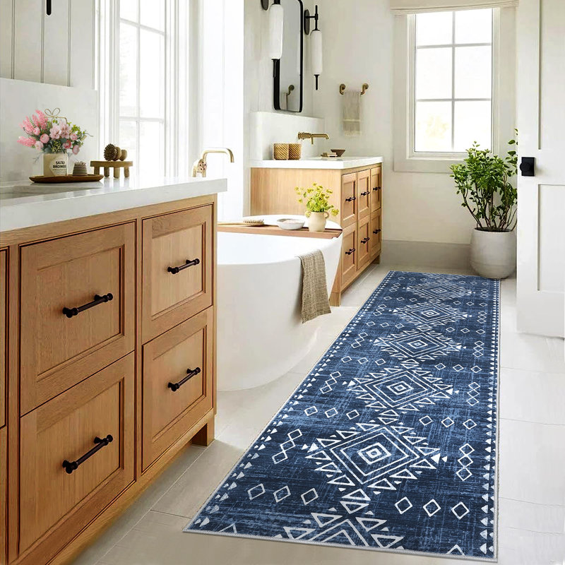 Boho Machine Washable Rug with Rubber Backing for Living Room Non-Slip Dining Room Rug Easy-Cleaning Floor Carpet for Bedroom Office Playroom_OKPHO_338N_Geometric_Blue
