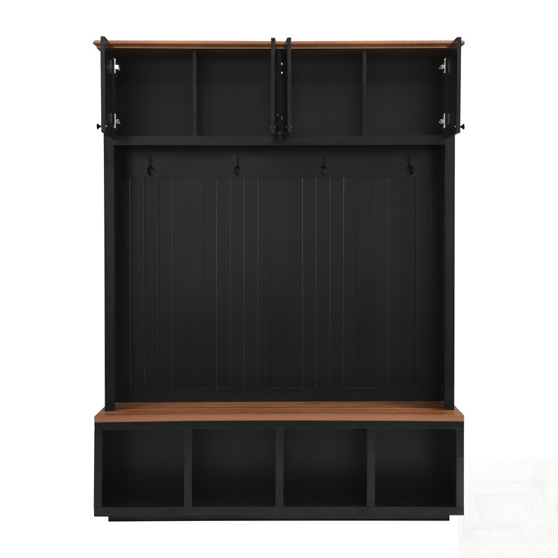 Entryway Hall Tree With Bench And Storage, Farmhouse Wood-Grain Accent, Multi-Functional Organizer For Modern Homes, Black
