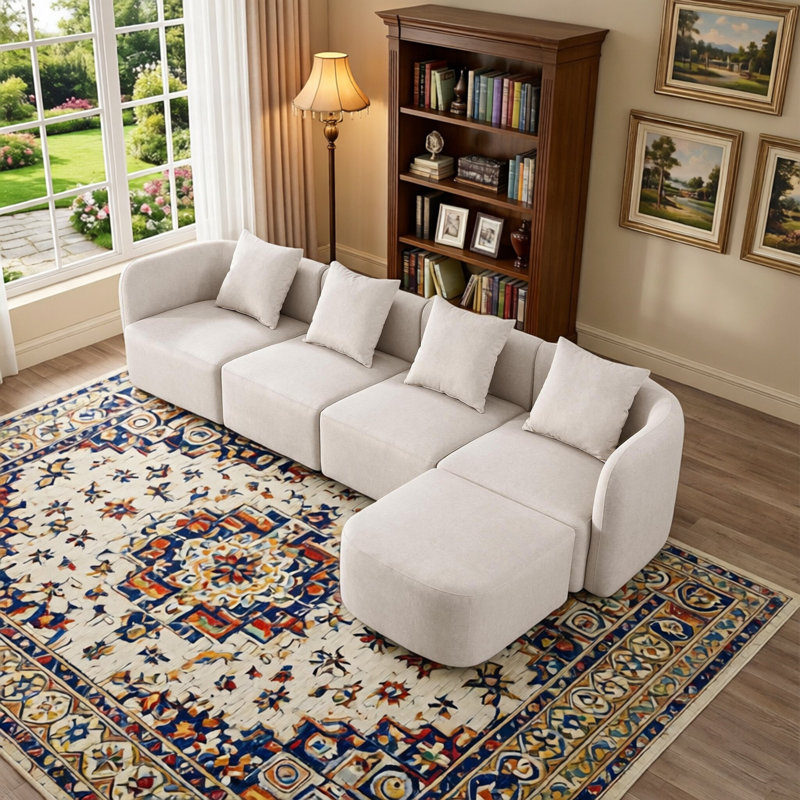 Mid Century Modular Sectional Sofa with Ottoman, Beige Velvet Upholstered,  Arrangeable Living Room Set includes Toss Pillow