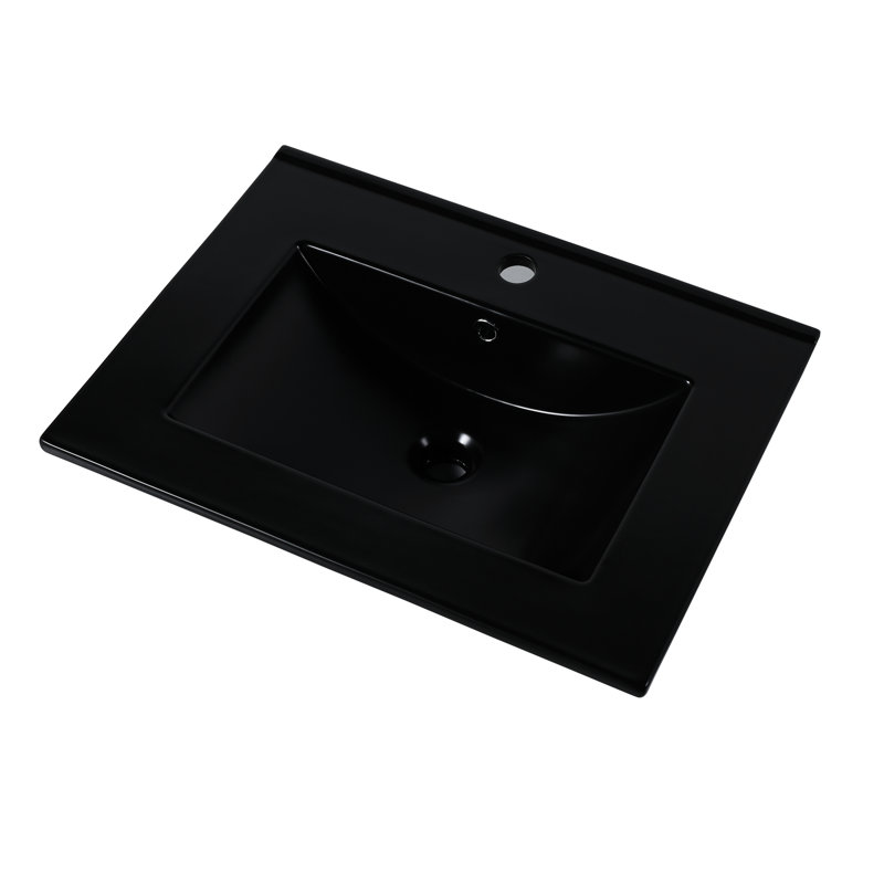 Évier en céramique 24 po noir, profondeur intérieure 4,72 po, comptoir de 0,81 po, lavabo noir avec contrôle de qualité