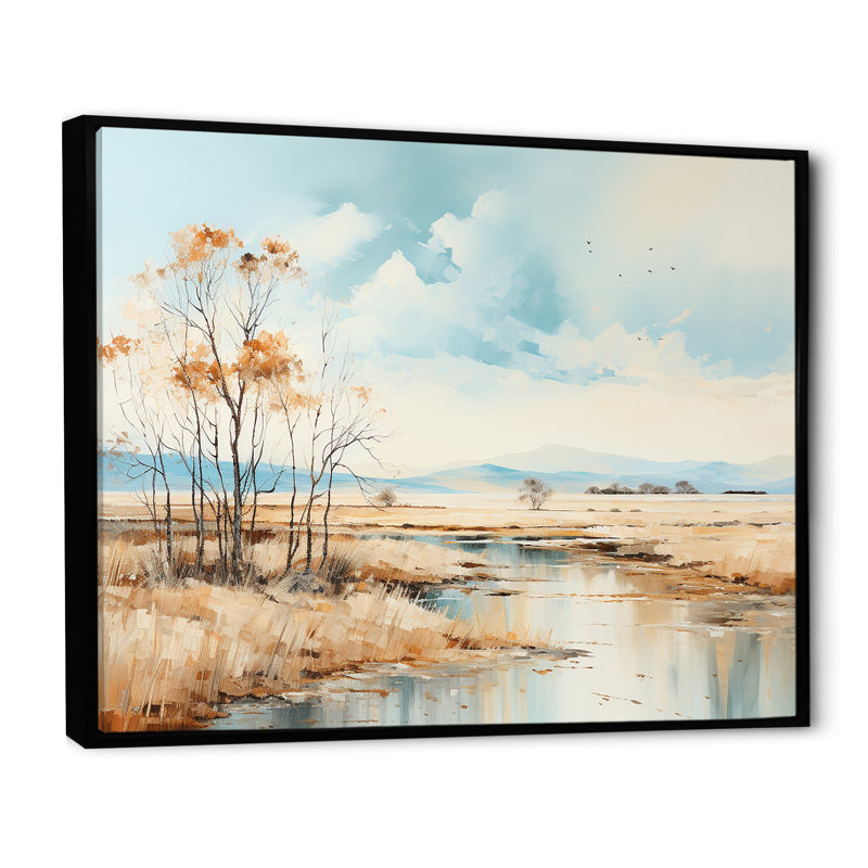 Beige Scerene Meadow Stream Harmony sur toile, Cadre flottant noir, H 24 po x l 32 po x P 1 po