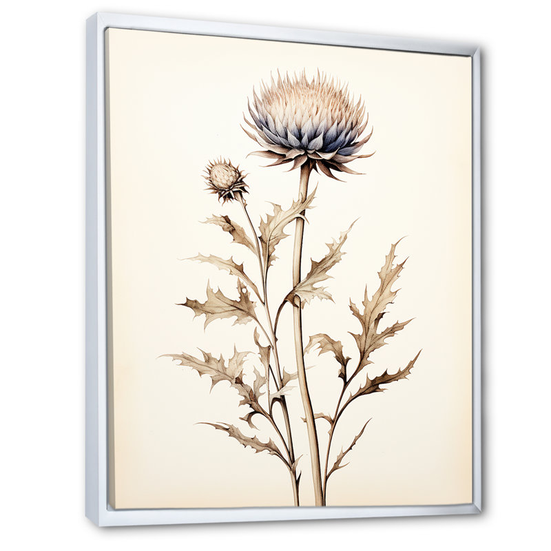 Décoration murale beige chardon fleurs I - chardon, Cadre flottant blanc, H 20 po x l 12 po