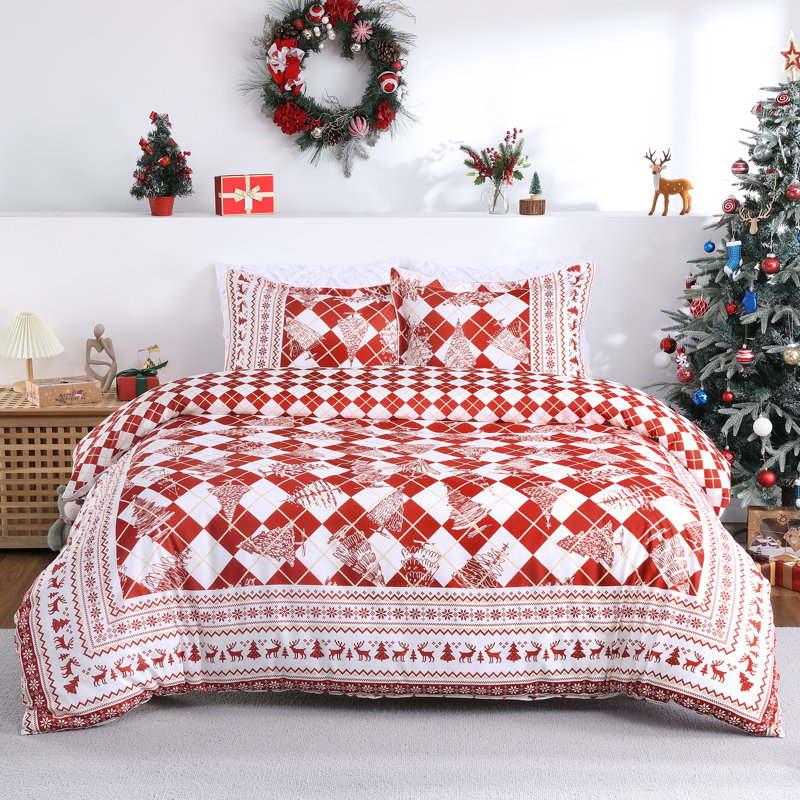 Housse de couette de Noël grand format, linge de lit en microfibre imprimé en patchwork pour les fêtes, fermeture à boutons et 8 attaches aux coins