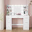 Bureau de coiffeuse avec miroir, prise de courant et 10 lumières, table de maquillage avec 7 tiroirs, 3 modes de couleurs disponibles pour la chambre à coucher, blanc clair
