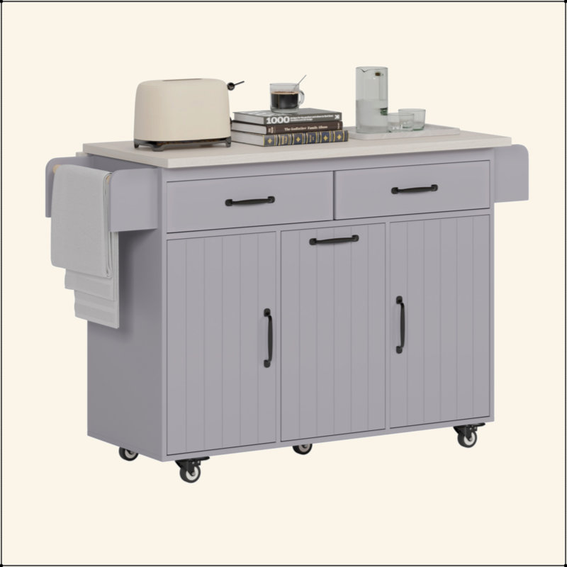 Kitchen Island With Trash Can Storage Cabinet, Kitchen Cart With Drop Leaf, Spice Rack, Towel Rack And Drawer, Rolling Kitchen Island On Wheels With Adjustable Shelf