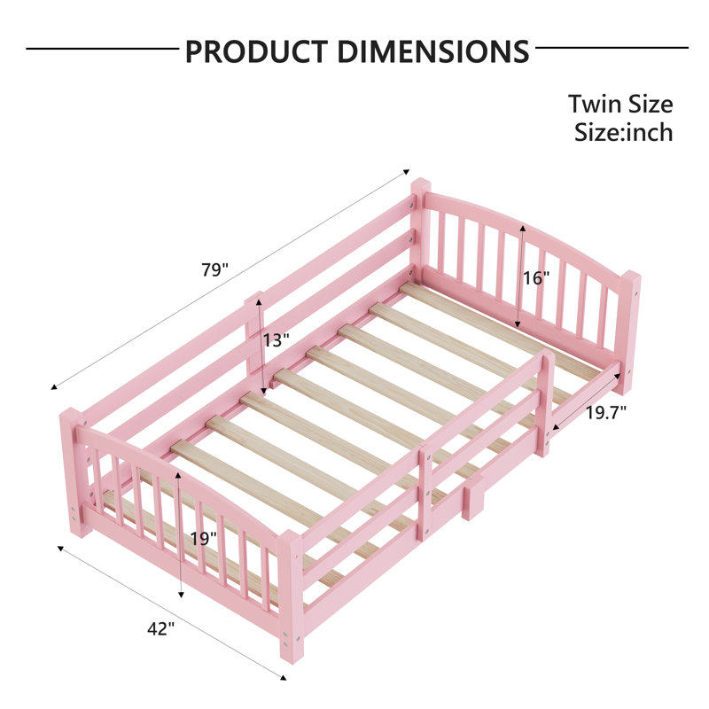 Twin Montessori Floor Bed, Solid Wood Frame With Safety Guardrails (no Door) & Slat Support, No Box Spring Needed, Easy Assemble For Toddlers/boys/girls
