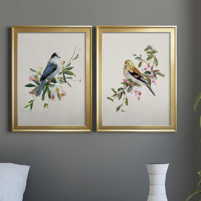 «Spring Song Grey Jay», ensemble de 2 reproductions sur toiles encadrées, H 18,5 po x l 49 po x P 1,5 po, Or