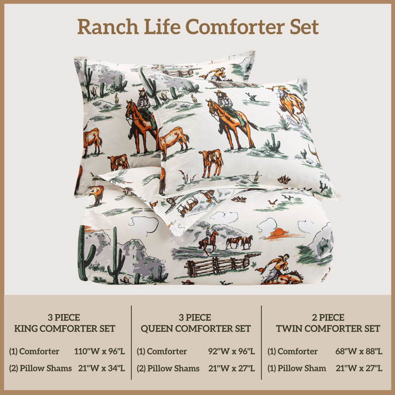 Ensemble d'édredon en coton à imprimé animal Ranch Southwestern, Édredon pour lit simple + 1 taie décorative stan