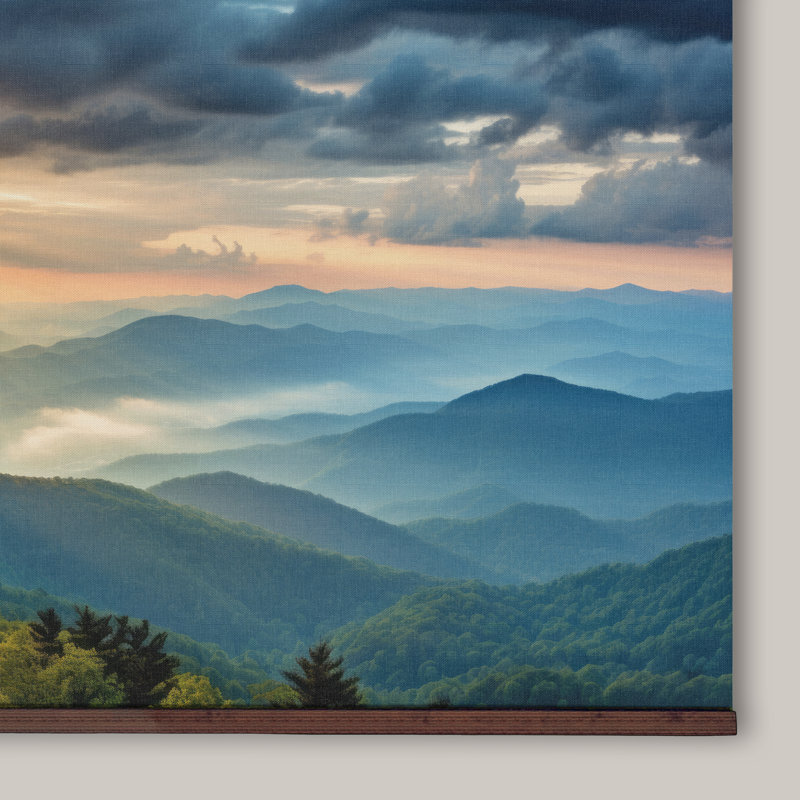 Tapisserie murale, coucher de soleil sur les montagnes Blue Ridge - prêt à être suspendu, décoration murale encadrée en tissu rustique