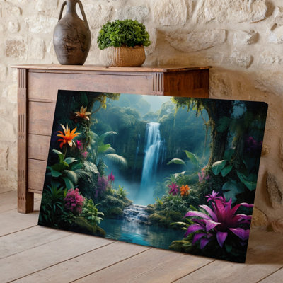 Toile, "Un paysage tropical luxuriant avec une cascade d'eau entourée d'art mural", "Scène vibrante dense"