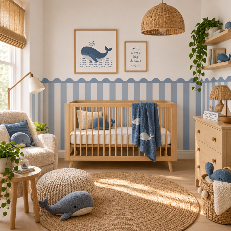 Adhésif décoratif demi-mur à rayures festonnées bleu 144 pouces, 40 pouces de hauteur, L 144 po x H 40 po, Bleu