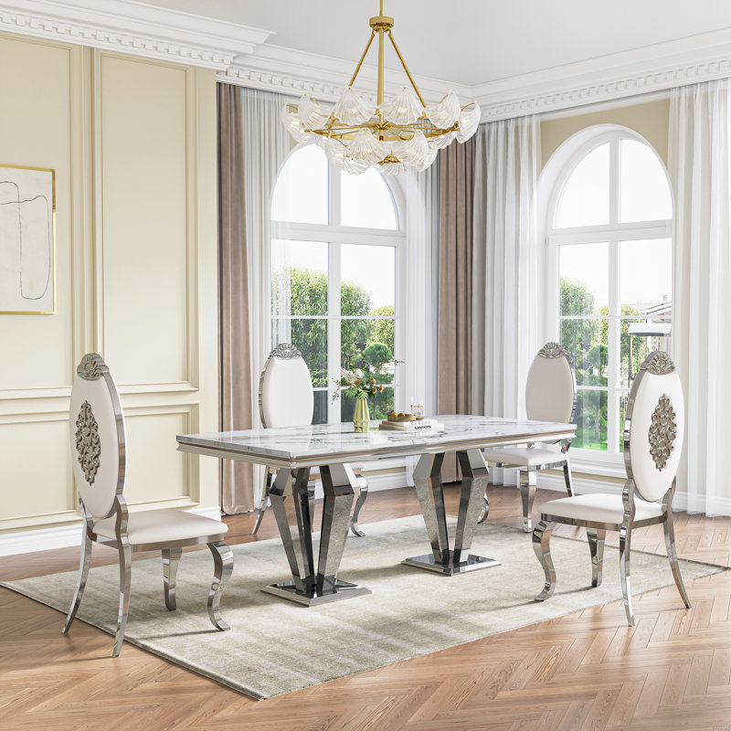 70"Faux Marble Dining Table,Rectangular Kitchen Table With Diamond-Shape Stainless Steel Legs For Kitchen, Living Room