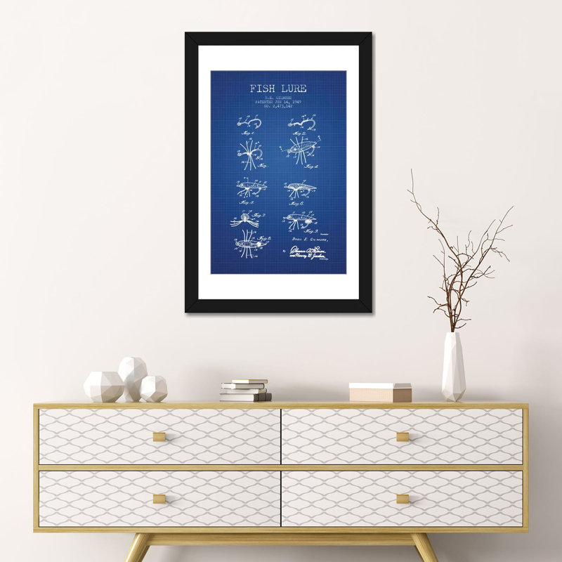 " B.E. Gilmore Fishing Lure Patent Sketch (Blue Grid) " by Aged Pixel, 32" H x 24" W x 1" D, Black Framed Fine Art Paper