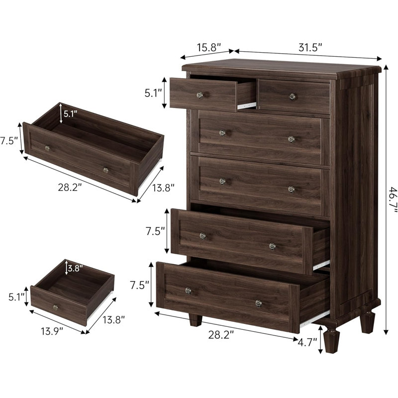 Vintage 6 Drawer Dresser for Bedroom, Tall Wood Dresser with Tapered Legs Support, Dressers & Chests of Drawers, Tan