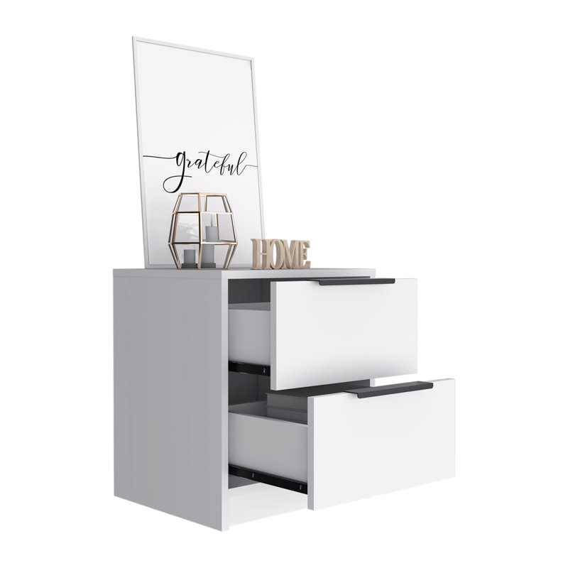 Table de chevet Cervants, deux tiroirs, poignée en métal, finition blanche, Blanc