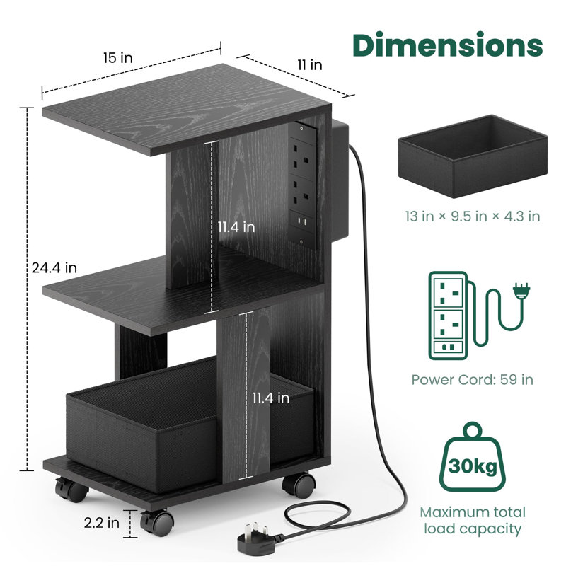 C-Shaped With Charging Station, 38 X 28 X 62 Cm Side Table, Black