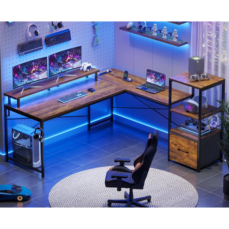 Shontae L-Shaped Computer Desk with Power Outlet, Brown/Black