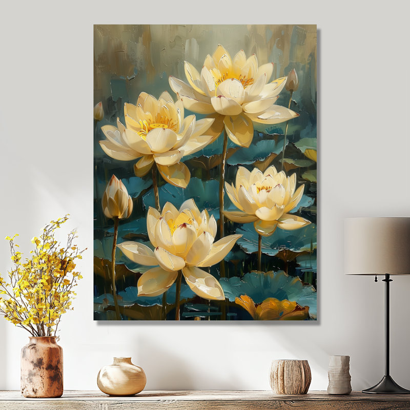 Blanc blanc vert jardin de lotus III - lotus d'art mural de salon, Toile tendue, H 34 po x l 44 po