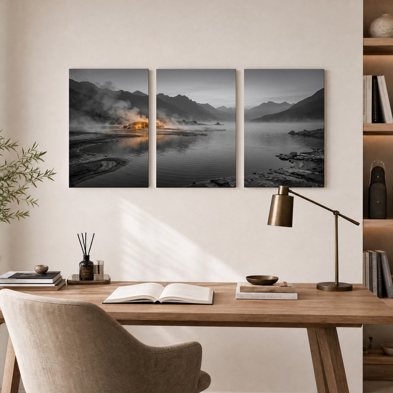 Source géothermique orange en niveaux de gris, ensemble de 3 toiles murales de lac de montagne, H 30 po x l 20 po x 3 pièces