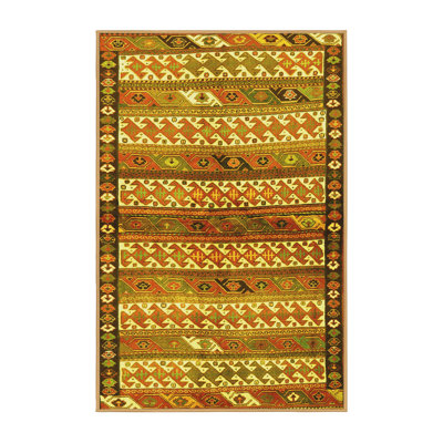 Tapis en laine / polyester tissé à la machine Southwestern en vert / beige / jaune