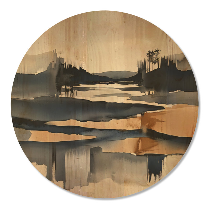 Paysage abstrait de marais II - Tableau mural minimaliste rond en bois, Rond 36 po, Rond