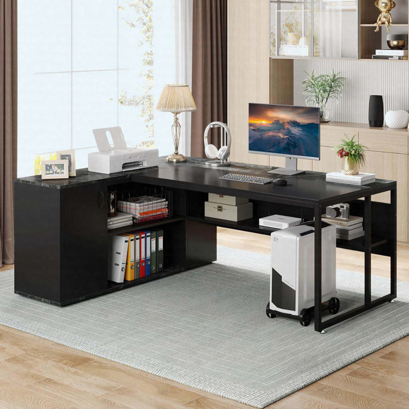 Bureau de direction en L 71 po avec armoire de rangement et tablettes, bureau d'ordinateur industriel