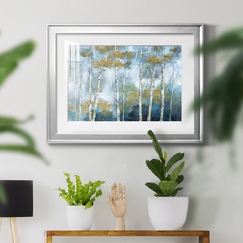 Indigo Forest - peinture encadrée, Papier avec cadre argenté, H 26,5 po x l 36,5 po x P 1,5 po, Blanc mat