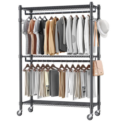 Heavy Duty Clothing Rack with 3 Tier Adjustable Wire Shelves, Double Rod Freestanding Closet with Side Hooks