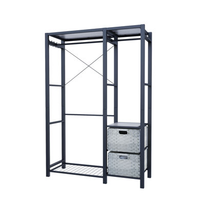 Supports à vêtements en bois d'acacia avec tablettes 2 tiroirs en osier et 4 crochets organisateur de placard robuste pour suspendre les vêtements, support de garde-robe autoportant, gris clair