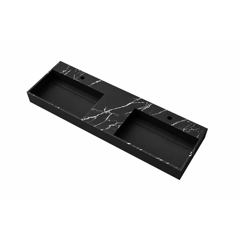 Lavabo de salle de bain mural rectangulaire moderne 60 "avec bonde dissimulée Juniper, Simple, Noir marbré