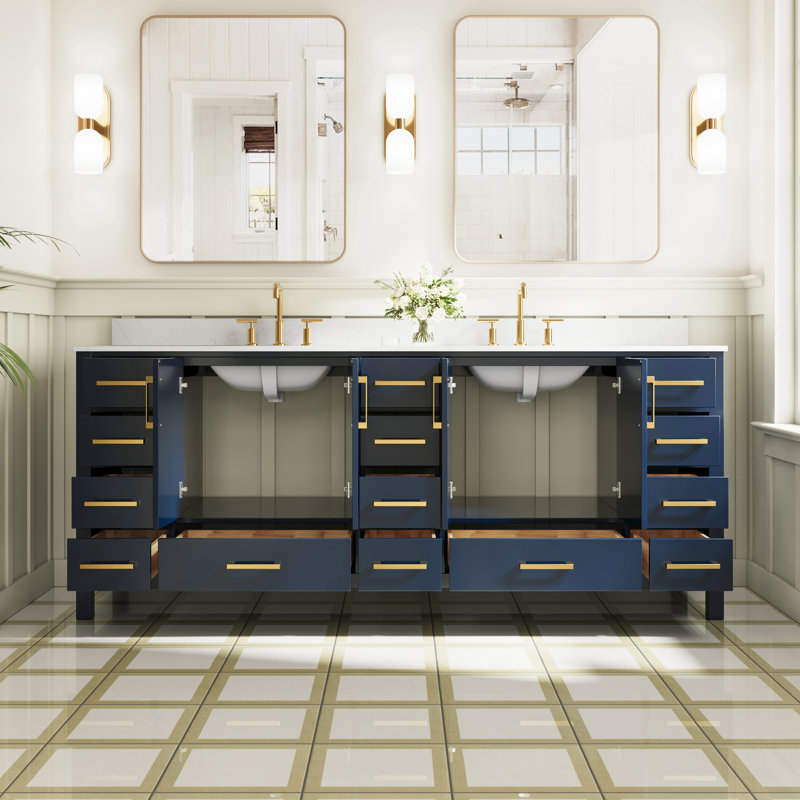 Meuble-lavabo autoportant en bois massif l 84 po x H 35 po avec comptoir en marbre de culture blanc de Carrare et double lavabo en céramique, bleu marine