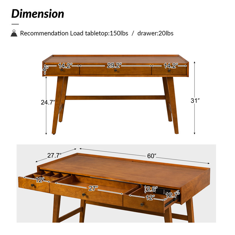 Adakras 60" Mid-Century Modern Writing Desk with Outlets