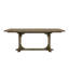 Table haute de comptoir couleur amande, design à tréteaux, placage, surface en parquet géométrique, extensible de 84" à 114" (213 à 290 cm), largeur 44", hauteur 36", poids 230,5 lb (104 kg), couleur parquet.