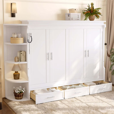 Space-Saving Queen Murphy Platform Bed With Integrated Shelf And Three Smooth-Gliding Drawers For Maximum Storage And Floor Space Optimization.