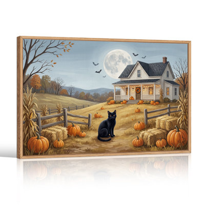 «Black Cat Sitting in Pumpkin Patch Under Full Halloween», art mural sur toile